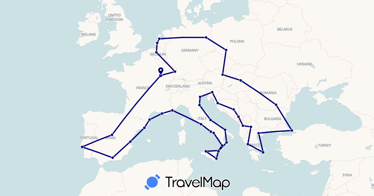 TravelMap itinerary: driving in Albania, Austria, Belgium, Germany, Spain, France, Hungary, Italy, Macedonia, Netherlands, Portugal, Romania (Europe)